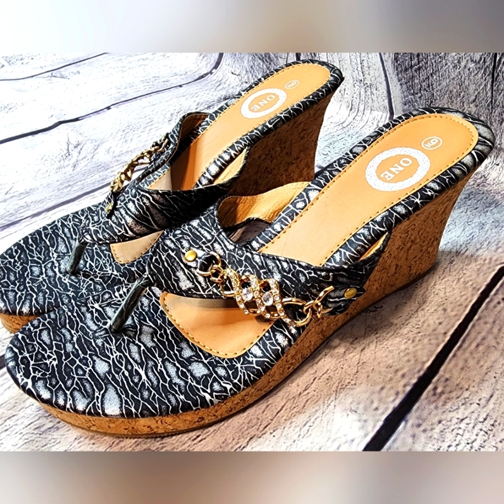 Black/gray & gold ONE cork wedge heels with jewel detail, size 9